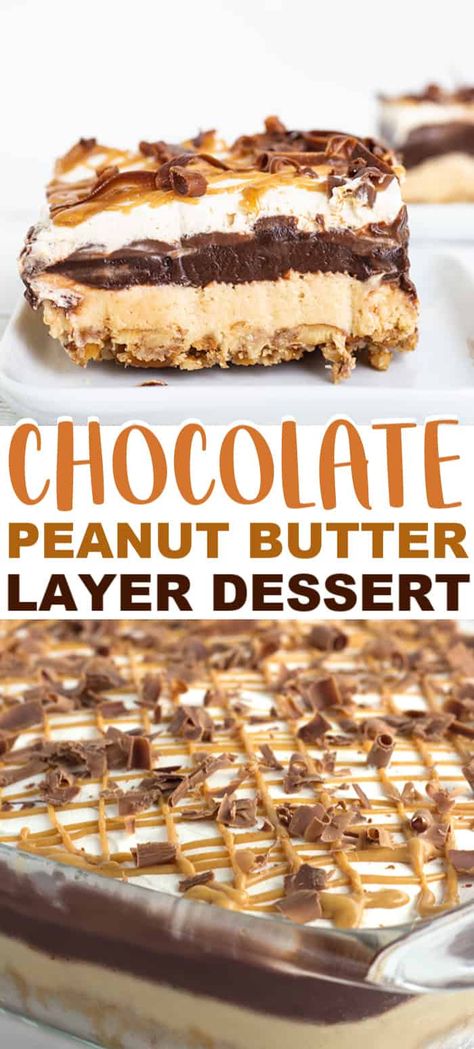 Chocolate Peanut Butter Layer Dessert - Love peanut butter desserts? This rich chocolate peanut butter layer dessert recipe will do the trick. It has a buttery pretzel crust, peanut butter cheesecake mousse, chocolate pudding, hot fudge, whipped cream and a peanut butter drizzle! #chocolatepeanutbutter #cookiedoughandovenmitt Layered Dessert Recipes, Peanut Butter Drizzle, Layer Dessert, Hot Fudge Topping, Butter Desserts, Chocolate Peanut Butter Desserts, Mousse Chocolate, Pretzel Crust, Cheesecake Mousse