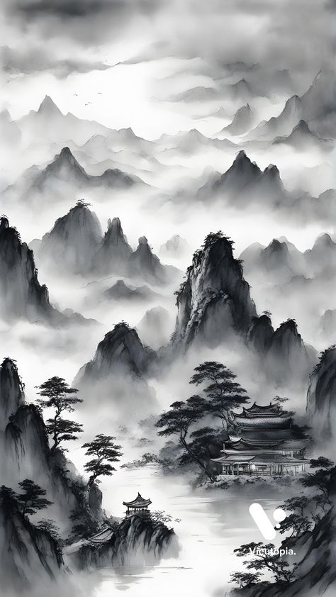 Japanese Ink Painting Landscape, Japanese Painting Landscape, Japanese Mountain Art, Chinese Painting Tattoo, Japanese Art Samurai, Japanese Mountains, Ear Tattoo Ideas, Ear Tattoos, Clever Tattoos