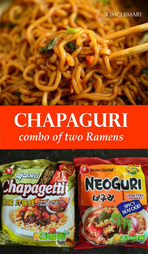 Chapaguri = Chapagetti ( instant Jjajangmyun) + Neoguri ( spicy thick noodle Korean ramen). Original idea by Yoonhoo on Korean TV show "Dad! Where are we going?" So simple, so good. Visit Soompi.com to see Kimchimari article on Ramen.  | recipe at Kimchimari.com Korean Ramen Recipes, Kimchi Butter, Easy Ramen Recipes, Noodle Korean, Korean Ramen, Ramen Recipes Easy, Spicy Seafood Recipes, Easy Ramen, Where Are We Going