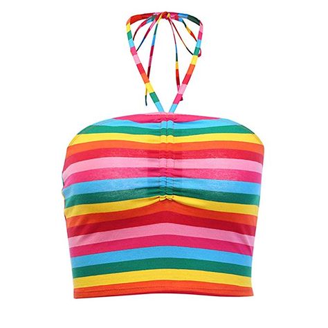 Rainbowcore Fashion, Belly Top, Polyvore Items, Striped Halter Top, Belly Shirts, White Pleated Skirt, Sweet Clothes, Heart Clothes, Rainbow Outfit