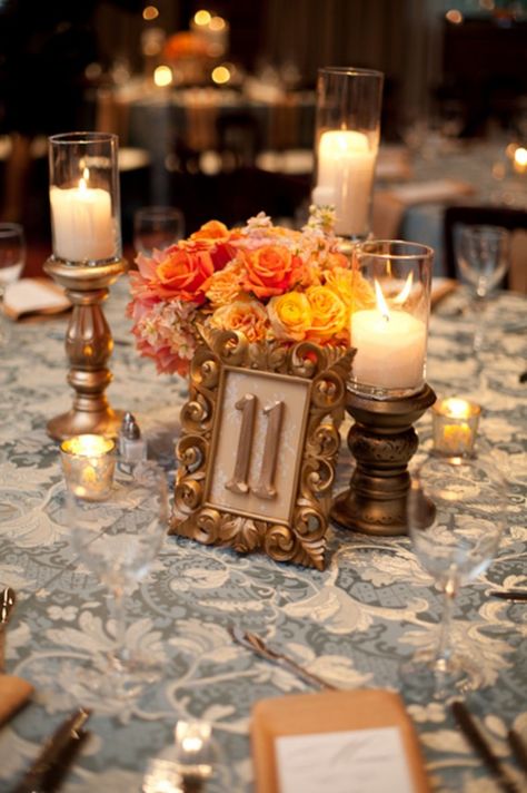 Gold-Bronze-Orange-Centerpiece Gold Centerpiece Wedding, Peach Wedding Centerpieces, Blue Fall Wedding, Orange Centerpieces, Candles And Flowers, Gold Centerpiece, Framed Table Numbers, Deco Orange, Flowers And Candles