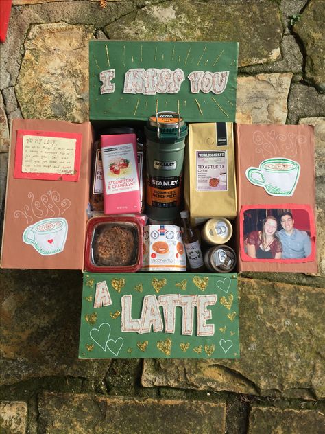 I Miss You A Latte - Coffee Care Package Bff Care Package Ideas, Bestie Care Packages, Coffee Care Package Ideas, Donut Care Package, Care Package For Long Distance Friend, Bestie Care Package Long Distance, Best Friend Gift Box Ideas Care Packages, Cute Care Package, Valentines Long Distance Care Packages