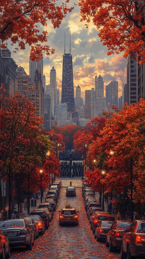 "Experience Chicago's Skyline: Vibrant Autumn Cityscape & Urban Energy" Pretty City Aesthetic, Background Images City, Aesthetic City Pictures, Autumn City Aesthetic, Ciudad Aesthetic, Vintage Fall Wallpaper, Foto New York, Urban Landscape Painting, Chicago Fall