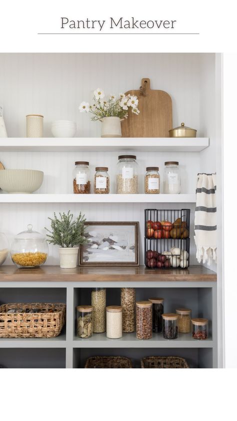 Christina Aldana (@ellisandhale) • Instagram photos and videos Long Wall Shelf, Long Wall Shelves, Pantry Renovation, Organiser Cucina, Long Floating Shelves, Mcgee And Co, Pantry Decor, Oak Floating Shelves, Pantry Organisation