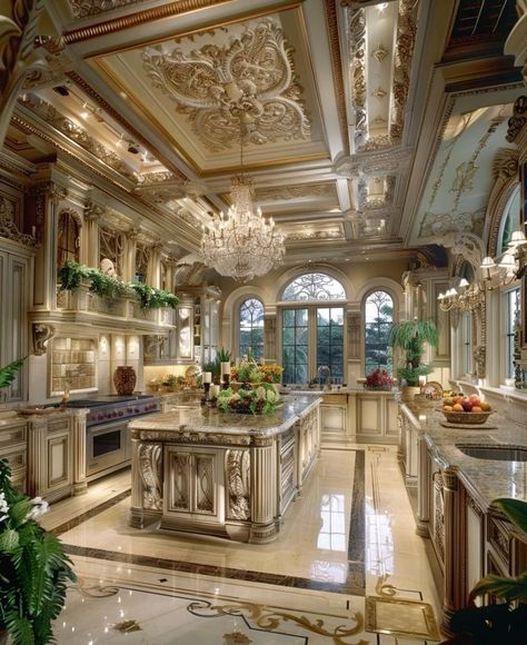 Big Luxury Kitchen, Mythical Backgrounds, Dream Pantry Walk In Luxury, Dream Pantry Walk In, Bloxburg Castle, Palace Kitchen, Manor Kitchen, Luxury Kitchens Mansions, Castle Kitchen