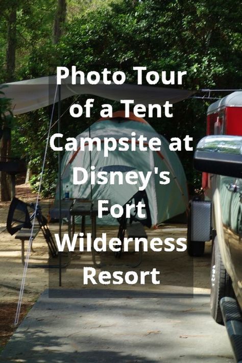 Disney's Fort Wilderness Resort - Photo Tour of a Tent Campsite from yourfirstvisit.net #FortWildernessResort #DisneyWorldResorts #DisneyWorldTips Fort Wilderness Campground Decorations, Fort Wilderness Cabins, Campsite Setup, Disney Fort Wilderness Resort, Campsite Decorating, Fort Wilderness Disney, Disney Camping, Wilderness Resort, Fort Wilderness