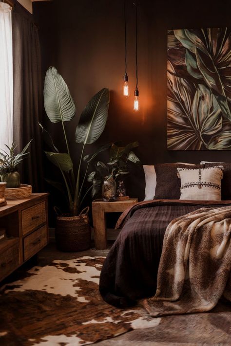 A warm and inviting earthy bedroom with dark, rich tones, layered textures, and cozy lighting for a tranquil retreat. Earthy Cozy Bedroom, Dark Boho Style, Dark Boho Bedroom Ideas, Dark Boho Bedroom, Earthy Bedroom Ideas, Dark Boho, Natural Vibes, Earthy Decor, Spring Interiors