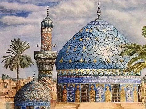 19th century mosque drawing by artist Khalid Almudallal Arab Artists, Iraqi Art, Architecture Photography Buildings, Shrines Art, Mosque Art, Arte Folk, Moroccan Art, Calligraphy Art Print, Islamic Art Pattern