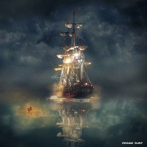 Boat Illustration, Pirate Boats, Navi A Vela, Old Sailing Ships, Ghost Ship, Beautiful Gif, A Ship, Tall Ships, Pirate Ship