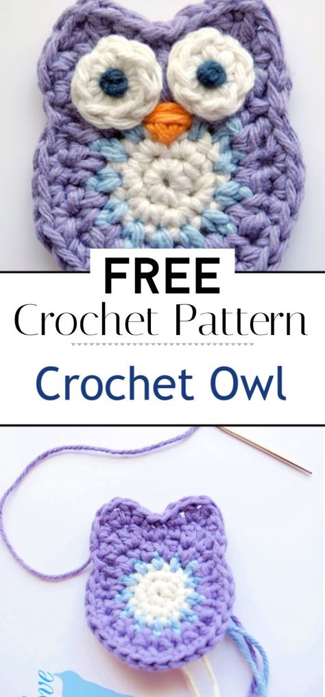 Owl Crochet Applique, Owl Coasters Crochet Free Pattern, Crochet Owl Applique Free Pattern, Easy Crochet Owl Pattern Free, Small Easy Crochet Projects Free, Free Owl Crochet Patterns, Small Crochet Applique Patterns Free, Crochet Applique Patterns Free Animal, Quick And Easy Crochet Projects For Beginners