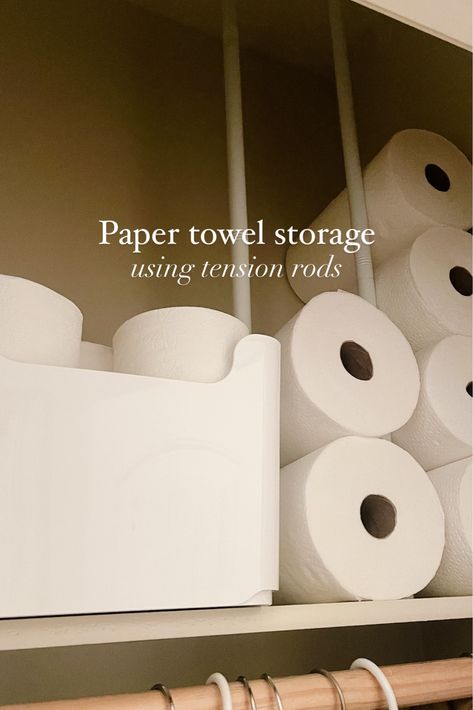 How to Use Tension Rods to Store Paper Towels - Life Love Larson Storing Paper Towels In Pantry, Pantry Paper Towel Storage, Bulk Paper Towel Storage Ideas, How To Store Paper Towels, Bulk Paper Towel Storage, Paper Towel Organization Ideas, How To Store Kitchen Towels, Organize Paper Towels, Paper Towel Storage Ideas