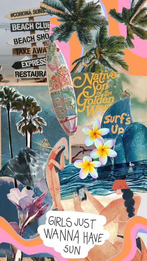 'Surfs Up' #surfing #sunshine #beaches #tanning #tanlines #photos #art #collage #palmtrees #sand #water #ocean #surfing #bodyboarding #swimming Retro Surf Aesthetic, Surf Collage, Surfing Wallpaper, Beachy Wallpaper, Beach Collage, Ocean Surfing, Surf Competition, Western Quotes, Types Of Blue