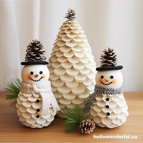 Pine cone snowman craft. Pine cone Christmas craft. Pine Cone Elf Ornaments, Pine Cone Crafts Animals, White Pinecones Diy, Pine Cone Snowman Craft, Pinecone Projects For Christmas, Pine Cone Crafts Knomes, Angel Pinecone Ornaments, Pine Cone Basket Ideas, Red Pine Cones