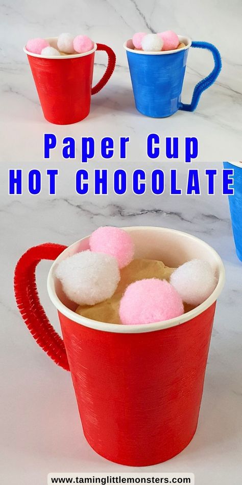 Paper Cup Hot Chocolate Craft for Kids. A fun art and craft activity for kids to try this Winter or Christmas. Perfect for preschoolers and kindergarteners. #artsandcrafts #winter #christmas #preschool #kindergarten Hot Chocolate Christmas Ornaments Diy, Hot Chocolate Stem Activity, Hot Cocoa Activities For Toddlers, Hot Chocolate Art Preschool, Preschool Hot Chocolate Craft, Hot Chocolate Day At School, Hot Chocolate Crafts For Toddlers, Hot Chocolate Party For Kids, Hot Chocolate Craft Preschool