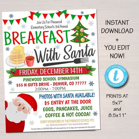 EDITABLE Breakfast with Santa Flyer, Pancakes with Santa Invitation Kids Christmas Party Printable Community Holiday School Fundraiser Flyer Pancakes With Santa, Santa Invitation, Breakfast With Santa, Pta Fundraising, Santa Template, Fundraiser Flyer, Holiday Graphics, Kids Christmas Party, Christmas Flyer