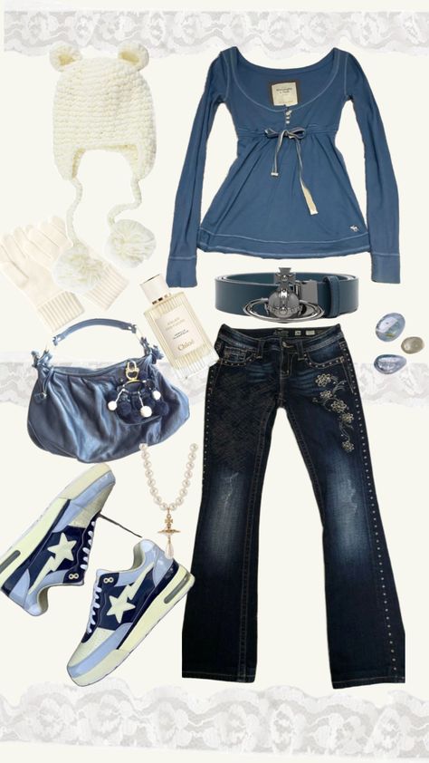 #blue #y2k #outfitidea Blue Outfit Ideas Black Women, Y2k Blue Outfit, Y2k Outfits Blue, Y2k Fashion Blue, Blue Jumper Outfit, Dark Blue Outfit, Blue Y2k Outfit, Blue Outfit Winter, Stockholm Outfits