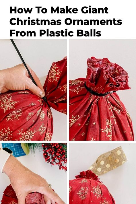 Learn how to make giant Christmas ornaments out of plastic balls. These oversized Christmas baubles are inexpensive to make and look amazing Large Christmas Baubles Diy, Diy Outdoor Ornament Balls, Foam Balls Craft Christmas, Diy Oversized Ornaments, How To Make Large Christmas Ornaments, Big Christmas Ornaments Diy, Diy Large Christmas Ornaments Outdoor, Big Ornaments Diy, Jumbo Ornaments Christmas Decorations