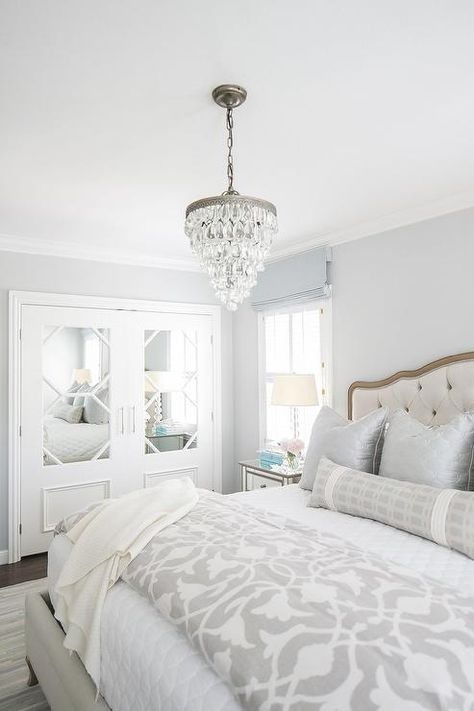 Pale Blue Bedrooms, Grey And White Bedding, Gray Bedding, Pale Blue Walls, Blue Gray Bedroom, Silver Bedroom, Transitional Bedroom, Tufted Bed, Upstairs Bedroom