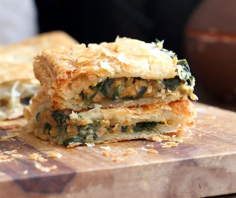 Chickpea Spinach Pie with Berbere Spice. Easy Chickpea Spinach Pastry for holidays and company with vegan puff pastry. Use spices or blends of choice. Use lentils for variation. Vegan Soy-free Nut-free Recipe.  | VeganRicha.com Holiday Veggies, Spinach Pastry, Chickpea Spinach, Greek Spinach, Berbere Spice, Greek Cheese, Low Oxalate, Vegan Richa, Bruschetta Ingredients