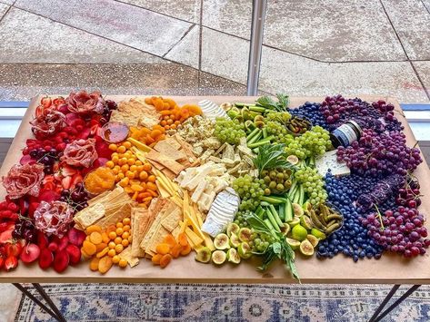 Pride charcuterie board, rainbow cheeseboard, rainbow grazing table, LGBTQ, rainbow food Rainbow Grazing Table, How To Make Large Cardboard Numbers, Rainbow Charcuterie Board, Rainbow Charcuterie, Rainbow Party Food, Snackle Box, Platter Board, Bug Party, Secret Sister