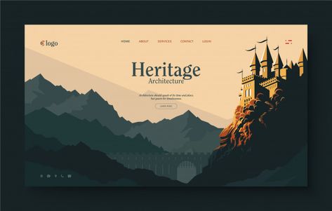 Website landing page for heritage, historical place, palace, architect, architectural heritage. landscape of ancient castle on top of the mountain. afternoon sunlight, flat design illustration. Premium Vector. Website Landing Page, Forest Silhouette, Flat Design Illustration, Ppt Design, Historical Places, Mountain Designs, Web Template Design, Website Inspiration, Historical Place