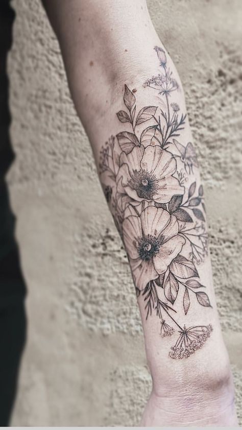 Floral Arm Tattoo, Unique Half Sleeve Tattoos, Half Sleeve Tattoos Forearm, Forearm Flower Tattoo, Simple Arm Tattoos, Quarter Sleeve Tattoos, Wildflower Tattoo, Tattoos For Women Half Sleeve, Flower Tattoo Arm