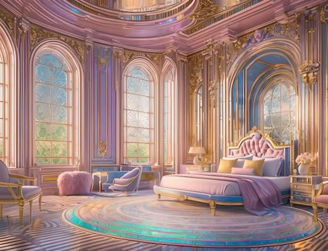 Fantasy Castle Bedroom, Fae Castle, Bright Architecture, Royal Beds, Complex Drawing, Anime Houses, Magical Love, Royal Bed, Fancy Bedroom