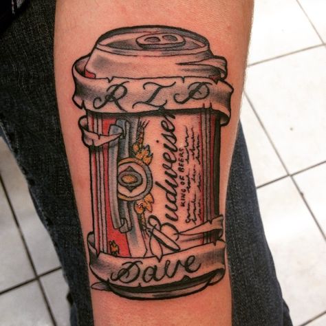 Pin for Later: 29 Brand Tattoos That Take Customer Loyalty to the Next Level Budweiser Budweiser Can Tattoo, Budweiser Tattoo Ideas, Budweiser Tattoo, Busch Light Tattoo, Beer Can Tattoo, Angel Wing Tattoo Memorial, Can Tattoo, Bud Light Can, Tattoos For Dad Memorial