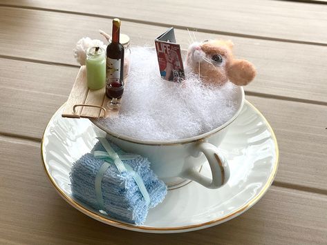 Needle Felted mouse in tea cup bath scene cute gift decor soft sculpture mixed media Happy Hobbies, Reading A Magazine, Wine Candle, Felted Mice, Tub Tray, Needle Felted Mouse, Candle Bath, Felted Christmas, Wire Armature