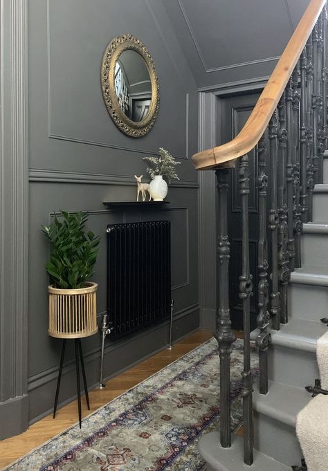 grey hallway Hallway And Stairs Ideas, Grey Hallway Ideas, Stairwell Ideas, Hall Ways, Panelled Walls, Grey Hallway, Hall Stairs, Victorian Hallway, Stairway Decorating