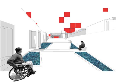 cir cen - disabled man centre architecture presentation - rmutt Accessible Architecture Design, Universal Design Architecture, Barrier Free Design, Accessible Design, Interior Design Presentation, Public Architecture, Recreation Centers, Diagram Design, Inclusive Design