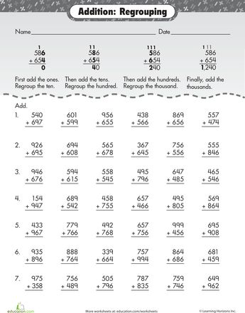 Worksheets: Extra Practice: Three-Digit Addition with Regrouping Three Digit Addition With Regrouping, 3 Digit Addition With Regrouping, Addition With Regrouping Worksheets, Third Grade Math Worksheets, Addition With Regrouping, Homeschool Montessori, Math Practice Worksheets, Math Addition Worksheets, 3rd Grade Math Worksheets