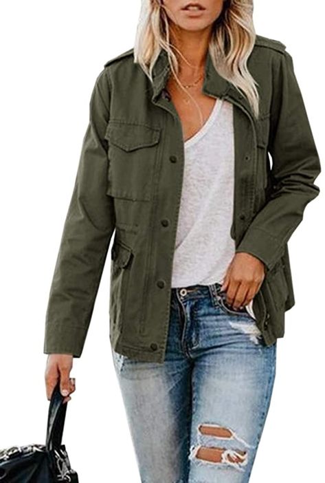 Womens Military Jacket Zip Up Snap Buttons Lightweight Utility Anorak Field Safari Coat Outwear Army Green at Amazon Women's Coats Shop Womens Military Jacket, Military Style Jacket Womens, Army Jacket Women, Camo Jacket Women, Trucker Jacket Women, Military Jacket Women, Green Jacket Women, Olive Green Jacket, Stand Collar Jackets