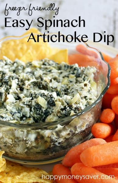 Easy Spinach Artichoke Dip {Freezer Friendly} Easy Spinach Artichoke Dip, Cheesy Spinach Artichoke Dip, Spinach Artichoke Dip Easy, Best Dip Recipes, Vegeterian Recipes, Spinach Artichoke Dip Recipe, Cheesy Spinach, Delicious Dips Recipes, Artichoke Dip Recipe