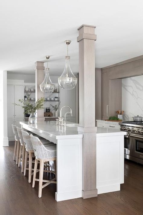 Kitchen Island With Post, Kitchen Island With Columns, Kitchen Columns, Kitchen Island With Sink, Brown Kitchens, Gorgeous Kitchens, Transitional Kitchen, Hudson Valley Lighting, Kitchen Layout