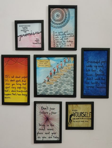 Diy Wall Art with motivational quotes Handmade frames Motivational Quotes Painting Wall Art, Wall Thought Frame, Diy Quotes On Paper Wall Art, Motivational Quote Paintings On Canvas, Card Board Crafts Diy Wall Art, Mandala Frame Wall Art, Handmade Poster Ideas Creative, Diy Motivational Wall Art, Photo Frame Quotes