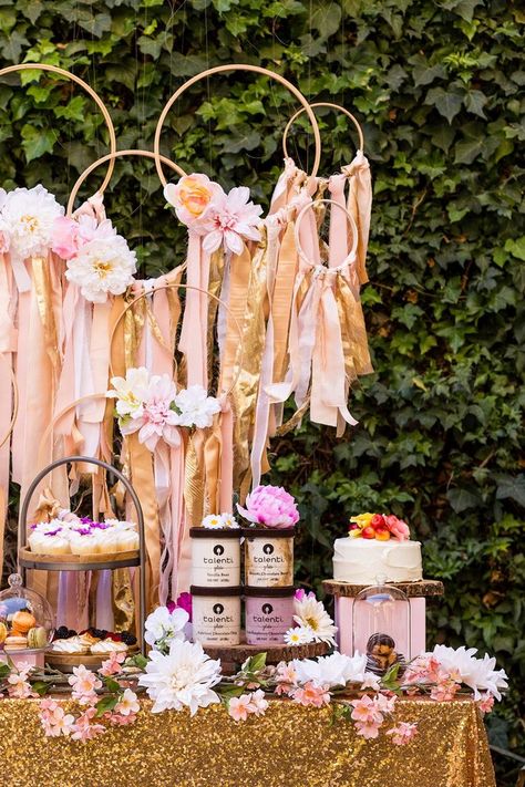 How to Put Together a Dessert Bar for Your Dreamy Boho Bridal Shower | Brit + Co Diy Dessert Bar, Bridal Shower Desserts, Shower Desserts, Boho Bridal Shower, Boho Party, Bachelorette Party Games, Boho Wedding Decorations, Wedding Boho, Boho Baby Shower