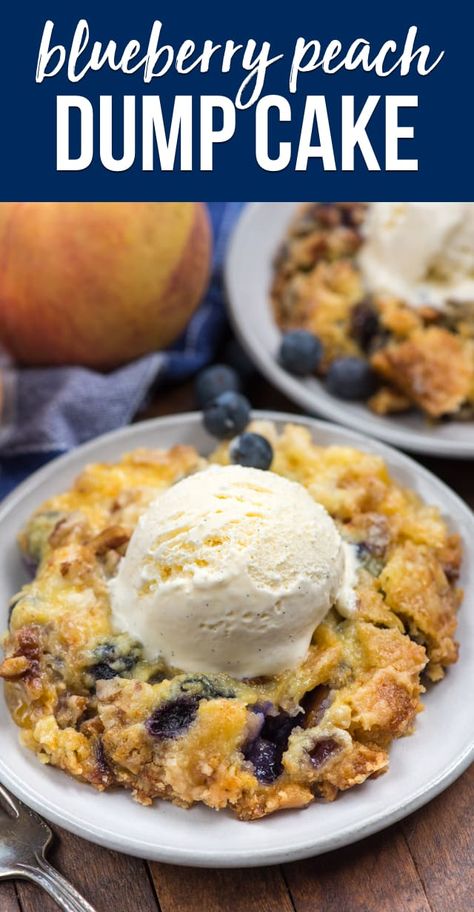 Make a Blueberry Peach Dump Cake for your next party - this EASY cake has just 5 ingredients and everyone loves it! via @crazyforcrust Peach And Blueberry Cake, Peach Blueberry Cake, Blueberry Peach Dump Cake, Blueberry Dump Cake, Blueberry Cake Mix, Cake Blueberry, Peach Dump Cake, Blueberry Dump Cakes, Dump Cakes