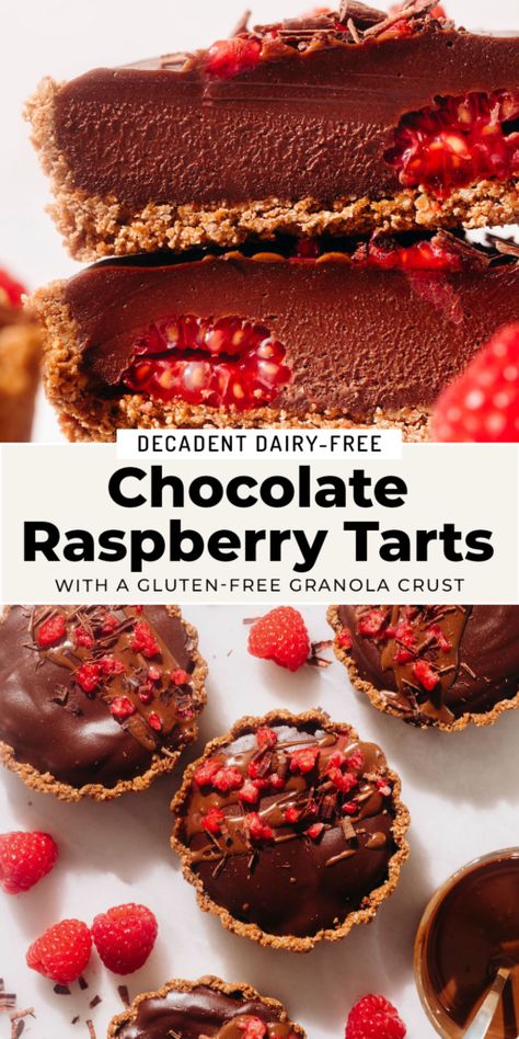 Chocolate Raspberry Tarts (dairy-free) Dairy Free Tart, Granola Crust, Raspberry White Chocolate Cookies, Raspberry Recipes Dessert, Chocolate And Raspberry Tart, Feasting On Fruit, Raspberry Chocolate Chip, Crumb Crust, Vegan Chocolate Recipes