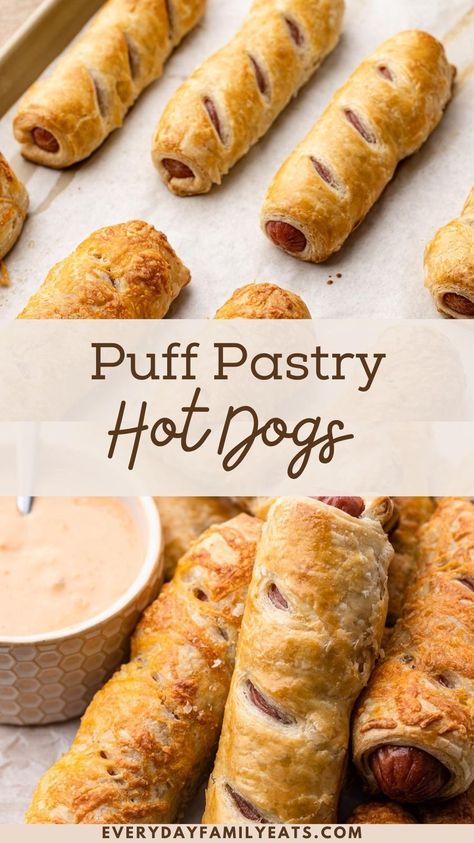 Puff Pastry Pigs In A Blanket Recipe, Puff Pastry Hot Dog Blankets, Puff Pastry Hot Dog Recipes, Hot Dog Puff Pastry Recipe, Hotdogs In Puff Pastry, Pastry Puff Dinner Recipes, Dinner With Puff Pastry, Pigs In A Blanket Puff Pastry, Pigs In Blanket Puff Pastry