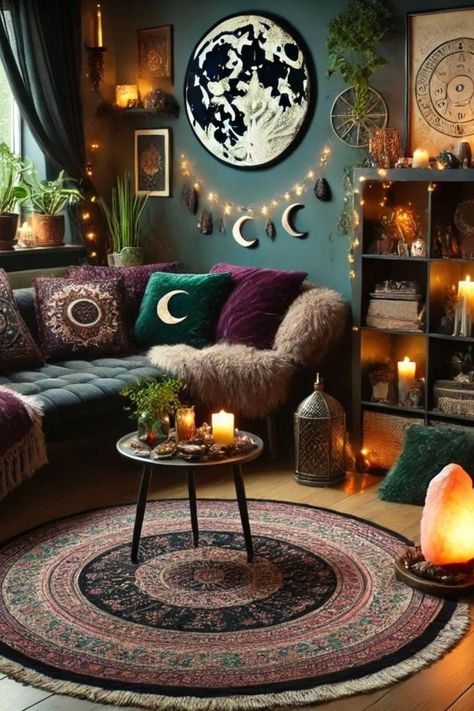 Dreaming of a cozy, magical living room? Learn how to create the perfect witchy vibe with tips on lighting, decor, and textures. Includes must-have product picks like velvet pillows, Moroccan lanterns, and moon phase wall hangings. Perfect for witches, moon lovers, and anyone embracing their mystical side! ?💫 #WitchyVibes #HomeDecorGoals #CozyLivingRoom #Witchcore #MysticalHome #BohoDecor #WitchyLifestyle Pagan Room Ideas, Ethereal Living Room Aesthetic, Boho Color Living Room, Witchy Boho Living Room, Cozy Witchy Living Room, Whimsical Living Room Ideas, Whimsigoth Decor Living Room, Mystical Living Room, Whimsy Goth Living Room