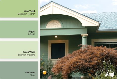 What Color to Paint a House With a Green Roof Pale Eucalypt Roof Colour Scheme, House Color With Green Roof, House Color For Green Roof, Green Roof House Colors Exterior Paint Farmhouse, Green Roof House Colors Exterior Paint, Yellow House Green Roof, Yellow House Green Metal Roof, Green Painted Brick Ranch House, Green Roof House Colors