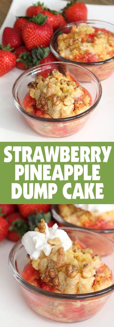 I love dump cakes because they're so easy to make, and this STRAWBERRY PINEAPPLE one is my favorite!! #recipe #dessert #foodiefriday | Cake Recipes Cake Recipe Strawberry, Pineapple Dump Cake Recipe, Cherry Pineapple Dump Cake, Pineapple Dump Cake, Easy Dump Cake Recipe, Dump Cake Recipe, Recipe Strawberry, Dump Cakes, Crock Pot Desserts