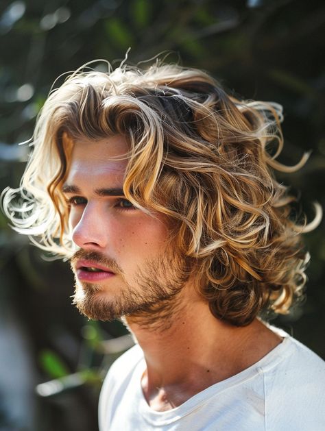 Explore 43 Trending Blonde Hairstyles Men Can Rock in 2024: From Short Curly to Long Straight Blonde Shaggy Hair Men, Men Long Haircut Styles, Mens Blonde Highlights On Dark Hair, Dirty Blonde Hair Men, Curly Blonde Hair Men, Blond Hair Men, Blonde Hair Men, Blonde Hairstyles Men, Rockabilly Hairstyles