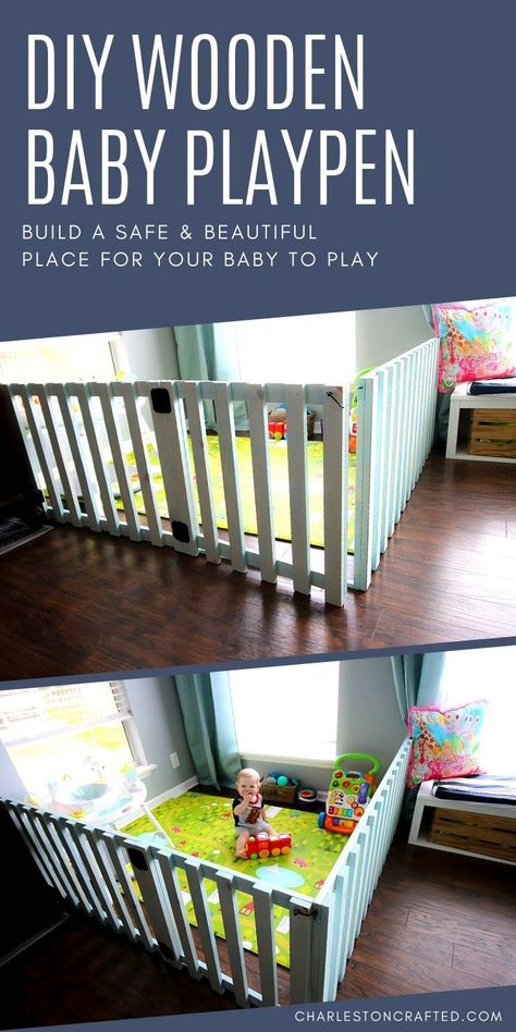 If you are looking for a way to give your baby room to crawl and discover without getting into anything they shouldn't, see how we made this great baby play pen. This DIY play pen is a large, safe area for baby to plan in and it was a lot of fun customizing it to fit our space. Check out this tutorial and make a space for your baby. #baby #playpen #diy #woodworking #safespace #tutorial #charlestoncrafted Baby Play Pen, Diy Gate, Diy Baby Gate, Baby Play Areas, House Bunny, Baby Corner, Baby Playroom, Play Pen, Creative Grooming