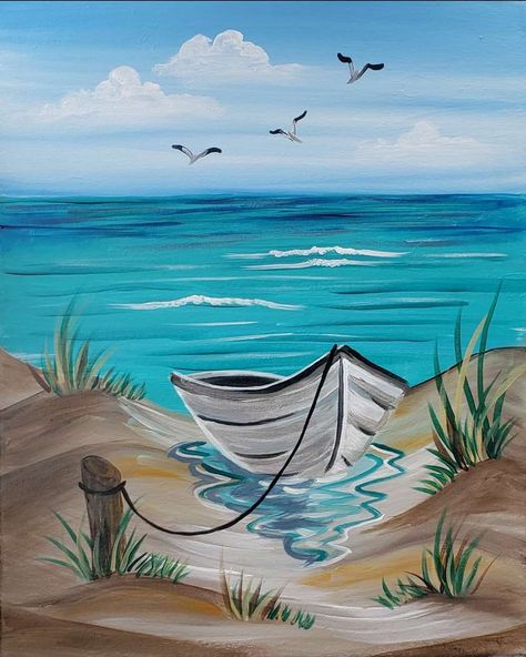 Beach Scene Painting, Beach Art Painting, Summer Painting, Boat Painting, Landscape Art Painting, Hur Man Målar, Ocean Painting, Beach Painting, Art Painting Acrylic