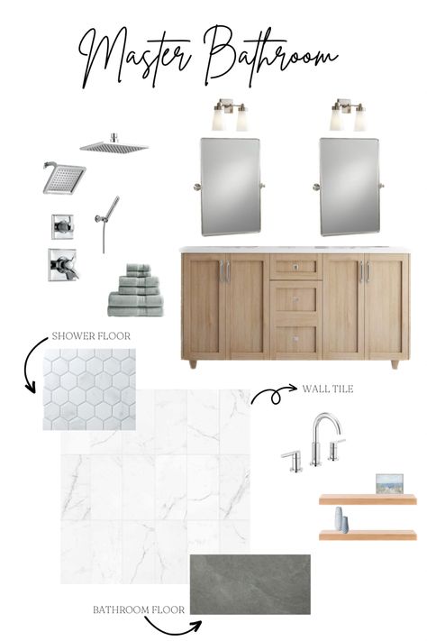 Bathroom mood board Lake House Master, Bathroom Mood Board, Rental Bathroom, Guest Bathroom Remodel, Boy Bath, Master Shower, Bathroom Remodel Designs, Basement Bathroom, Upstairs Bathrooms