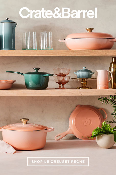 Shop Le Creuset’s latest color, a fresh and bubbly peach color perfect for all your summer recipes. White Kitchen Utensils, Le Creuset Cookware, Enameled Cast Iron Cookware, Cottage Interiors, Elegant Dinner, Enameled Cast Iron, Cast Iron Cookware, Kitchen Cookware, Open Shelves