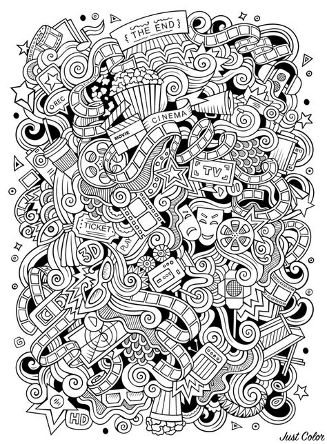 Different objects all linked to Movies and Cinema Cinema Doodle Art, Movie Doodle Art, Cinema Doodle, Doodle Coloring Pages, Cinema Coloring, Coloring Posters, Space Coloring Pages, Disney Princess Coloring Pages, Coloring Page For Adults