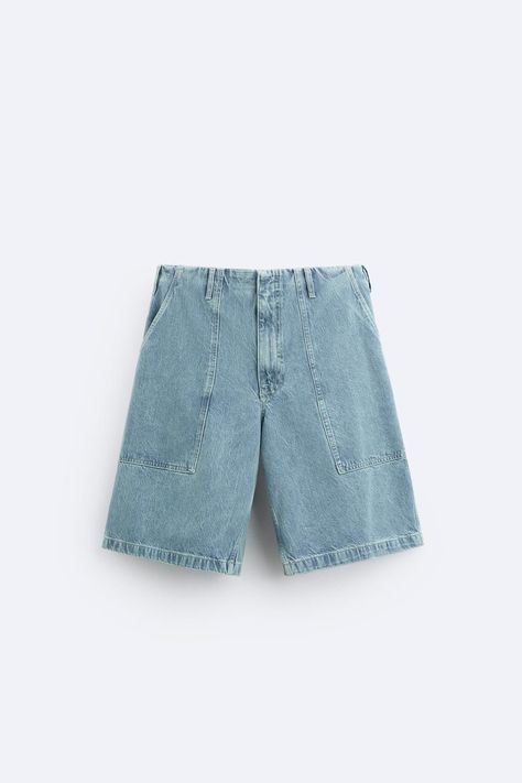 RELAXED FIT DENIM BERMUDA SHORTS - Blue | ZARA India Leather T Shirt, Mens Denim Shorts, Waistcoat Dress, Cargo Shirts, Zara Shorts, Tshirt Skirt, Short En Jean, Sweaters Knitwear, Back Patch